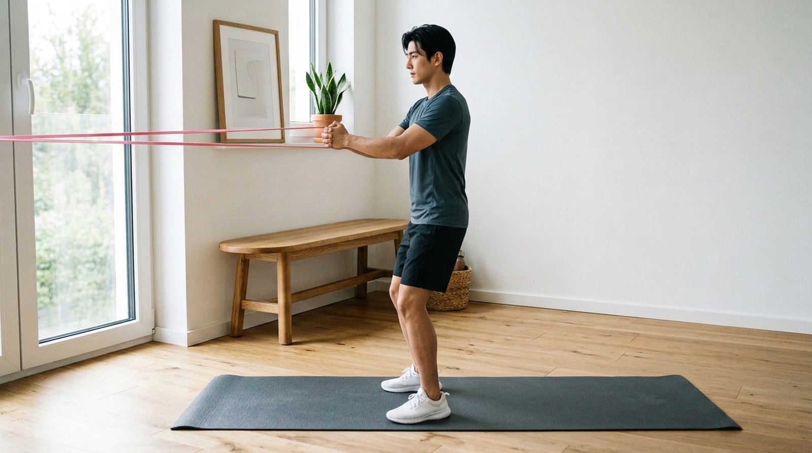 Kai doing a Pallof press, band pulled in from off-frame