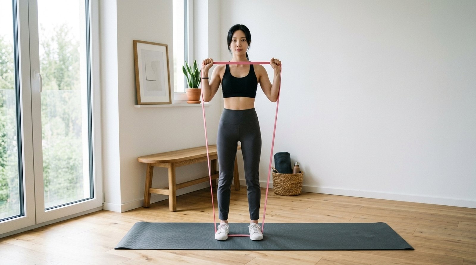 An · Shoulder press · band taut from feet to hands